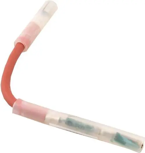 Widerstandsstecker mit transparentem Gehäuse und rotem Kabel, hergestellt von Wolf. Ermöglicht die Verbindung elektrischer Komponenten in Installationen.